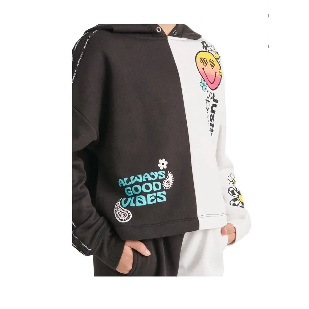 Justice Black White Glitter Logo Daisy Happy Face Pullover Hoodie Size L 12/14